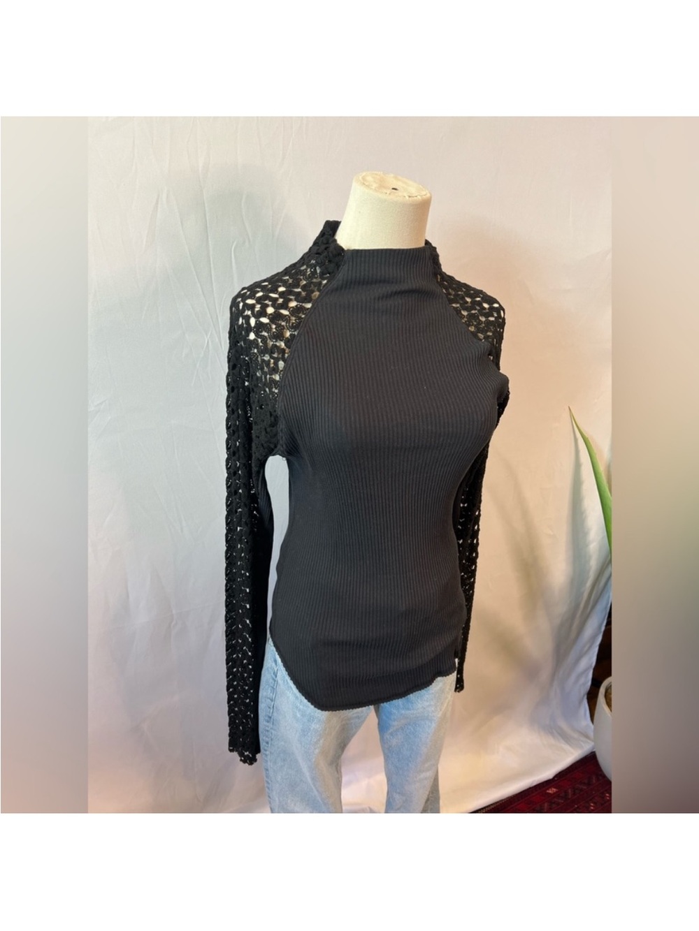 Free People Black Ribbed Long-Sleeve Top with Crochet Sleeves